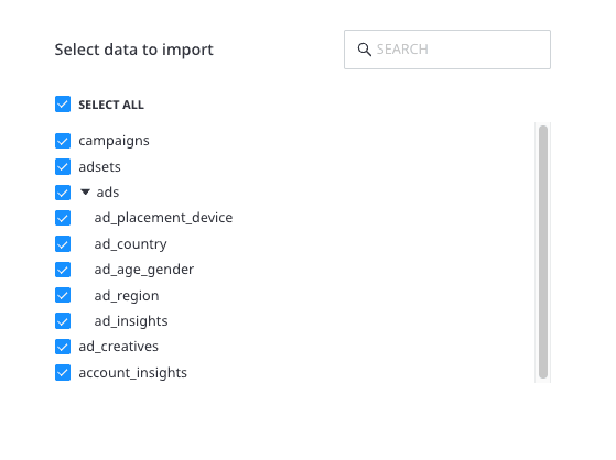 Selecting the data to import