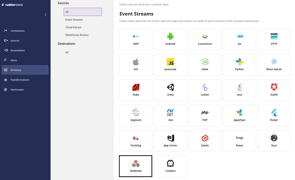 Webhook source in RudderStack dashboard