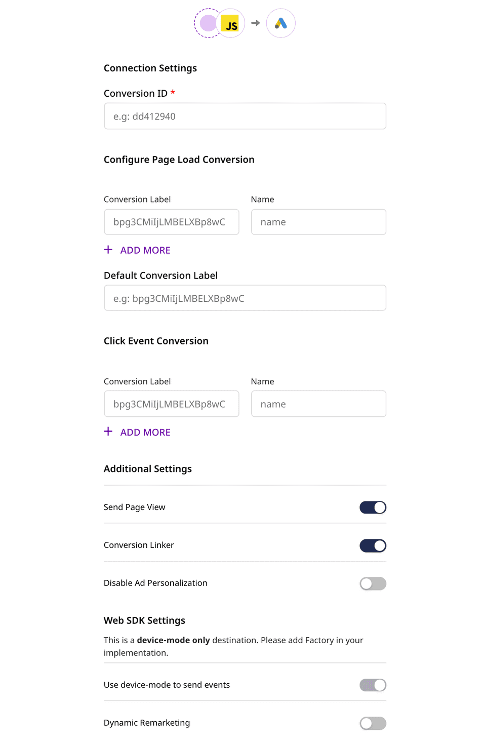 Google Ads connection settings