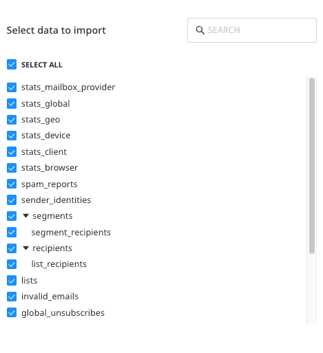 Selecting the data to import