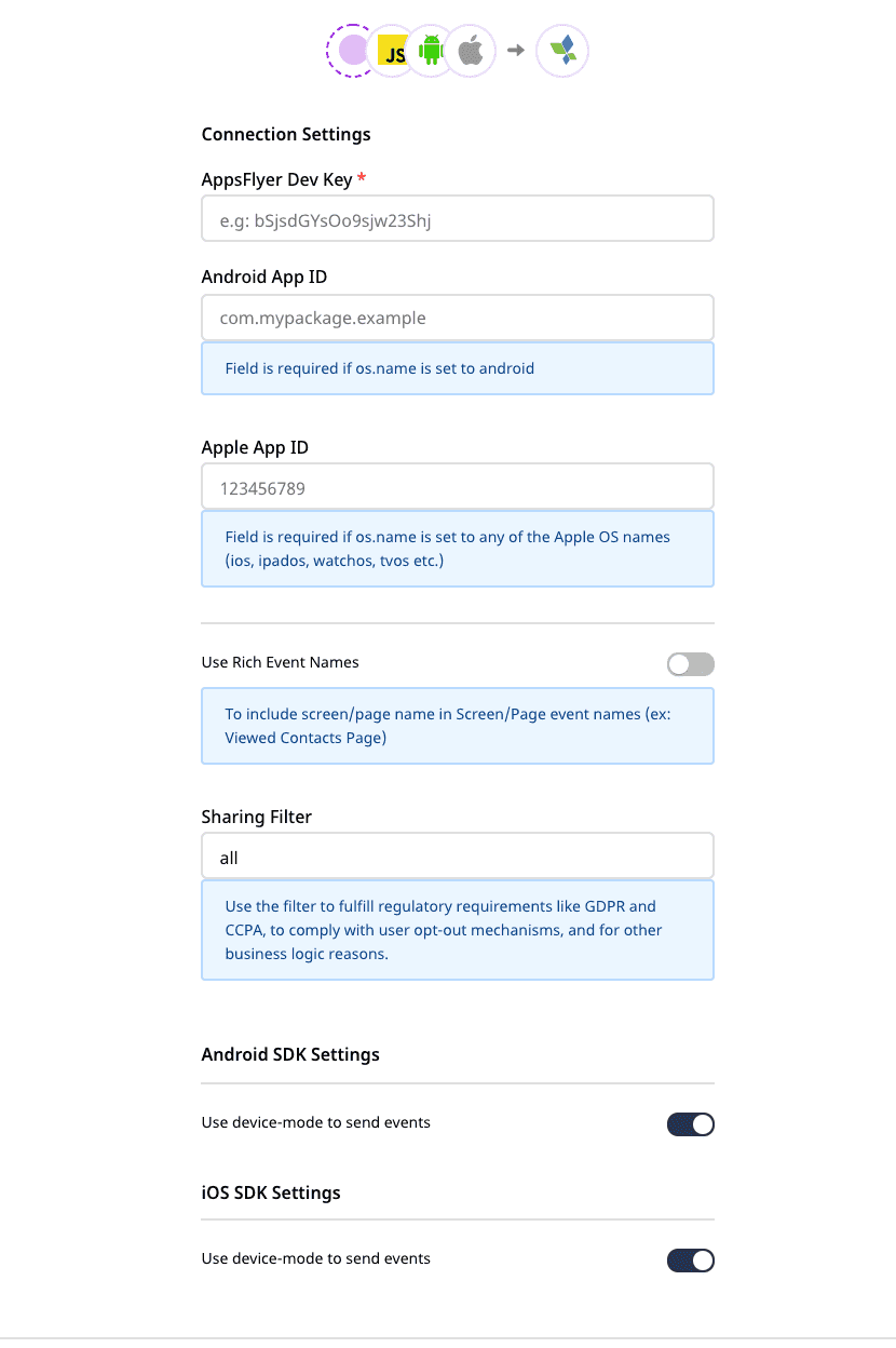 AppsFlyer connection settings in RudderStack