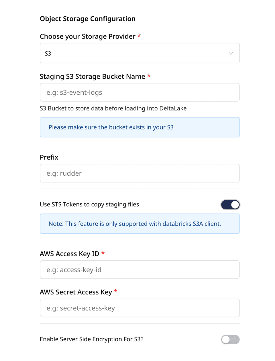 S3 settings in RudderStack dashboard