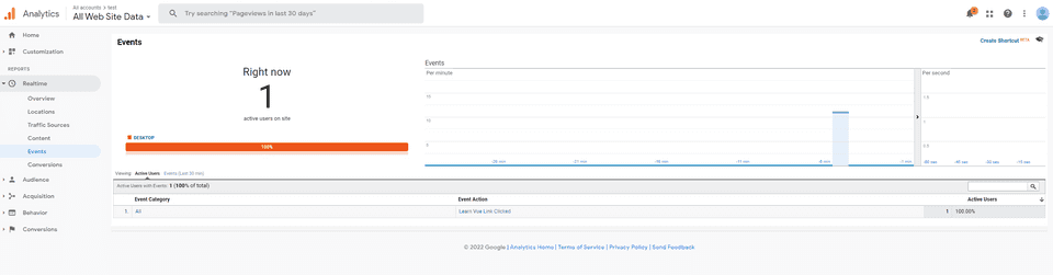 Google Analytics live events tab