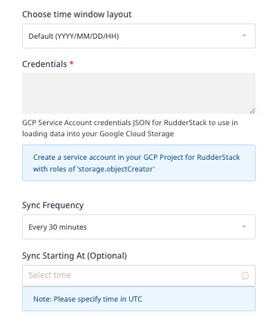 GCS data lake destination settings in RudderStack