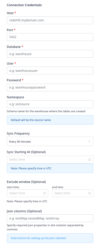 Redshift connection settings