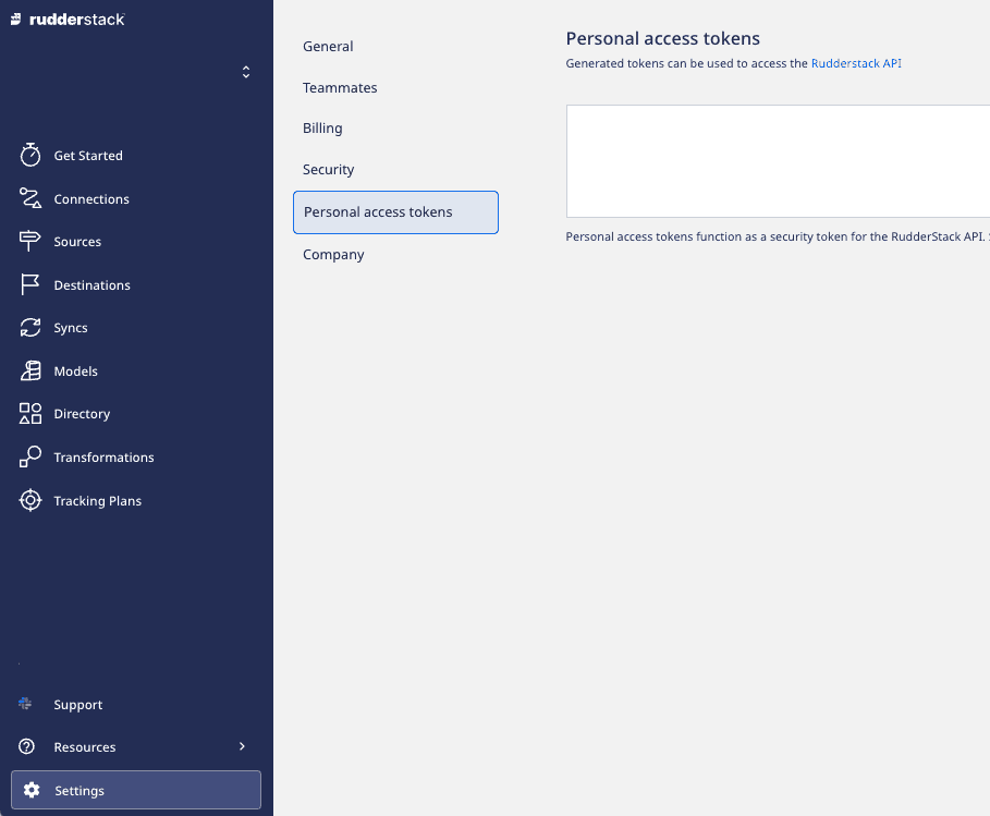 Personal access tokens setting in RudderStack dashboard