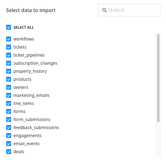 Selecting the data to import