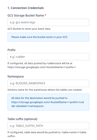 GCS data lake destination settings in RudderStack